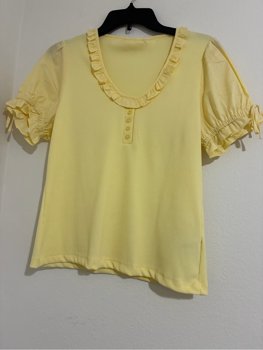 Yellow Ruffle Trim Puff Sleeve Top